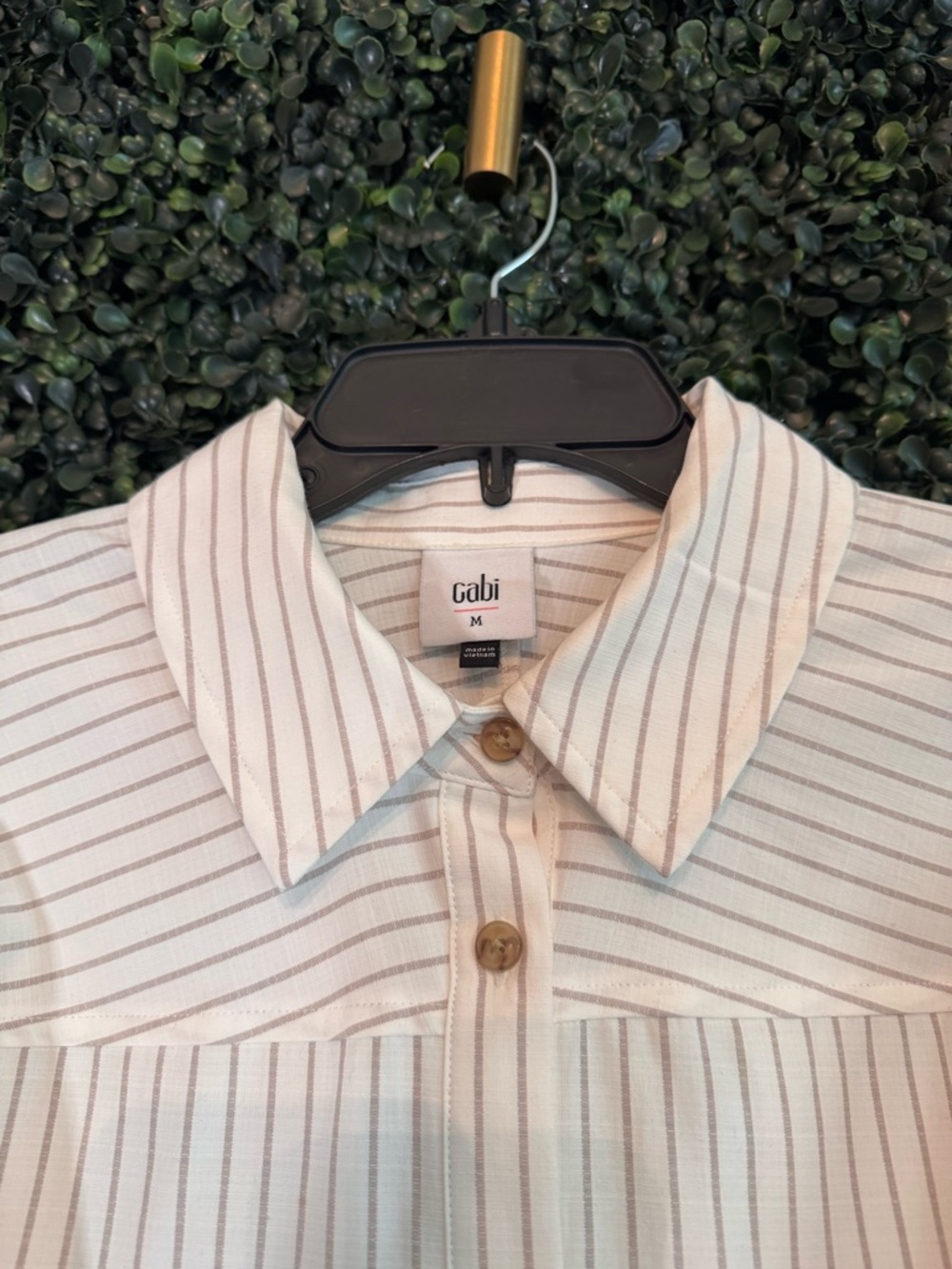 Cabi Tie-Front Striped Button-Up Shirt - White with Thin Taupe Stripes - Picture 3 of 5